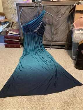 Juno One-Shoulder Teal to Navy Ombre formal prom Evening Dress with Beaded Waist